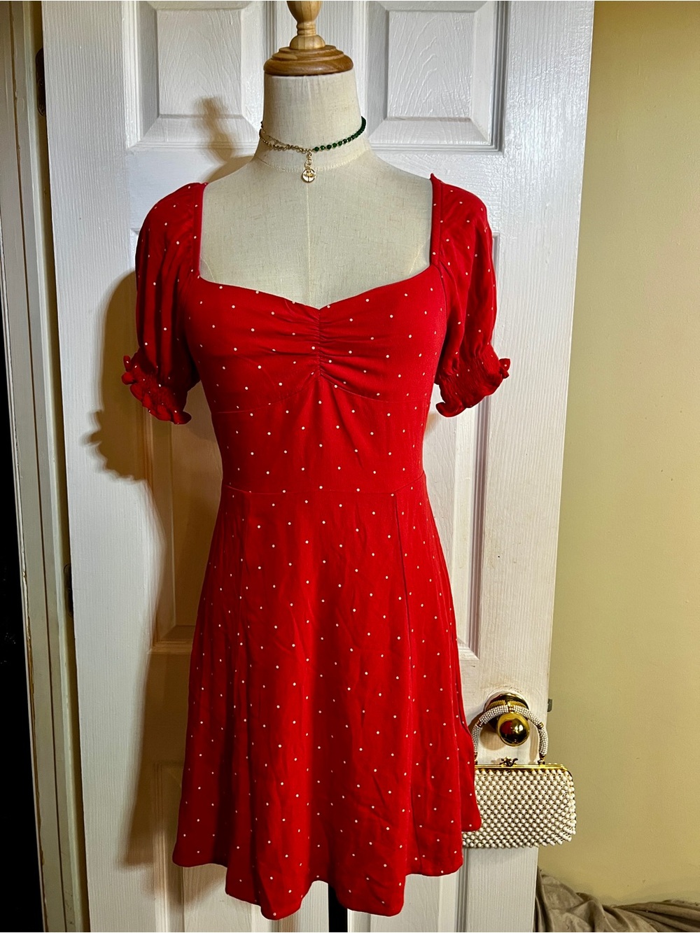 Gap Wms Red White Polka Dot Sweetheart Puff Sleeve Smock Retro Mini Dress XS - Picture 2 of 12